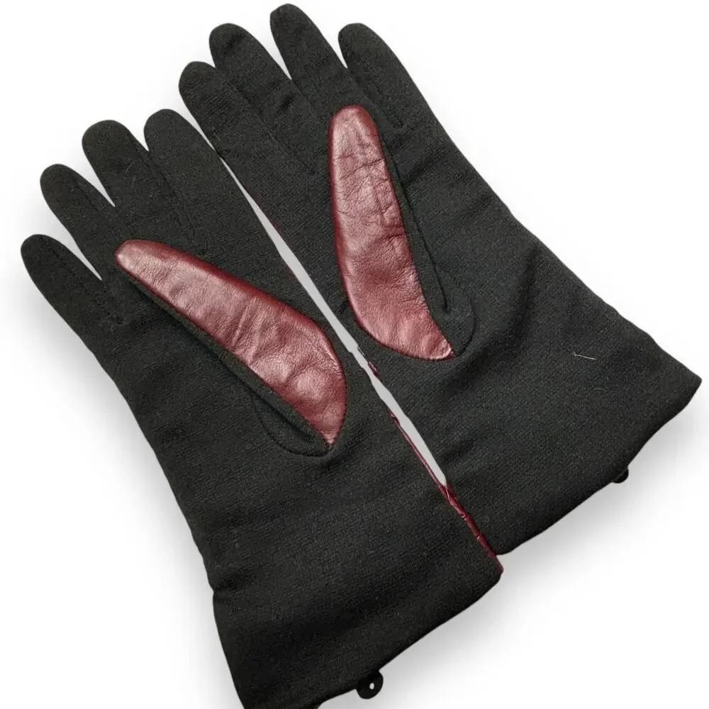 Burgundy & Black Gloves with Leather Top and Fabric Bottom Size Medium